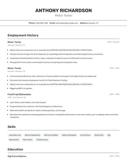 Motor Tester Resume