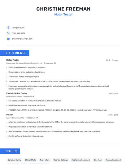 Motor Tester Resume