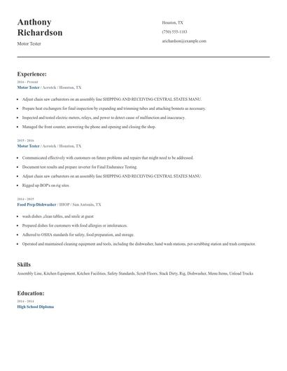 Motor Tester Resume