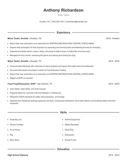 Motor Tester Resume