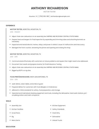 Motor Tester Resume