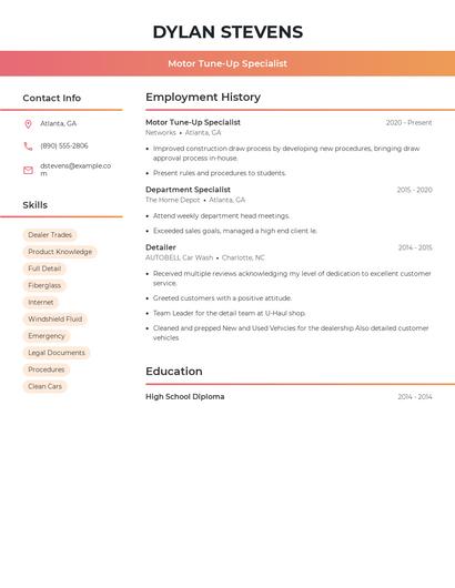 Motor Tune-Up Specialist Resume