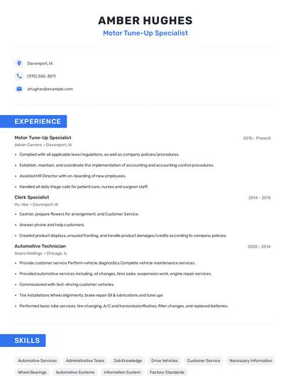 Motor Tune-Up Specialist Resume