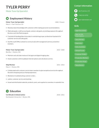 Motor Tune-Up Specialist Resume