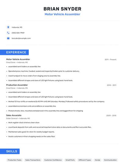 Motor Vehicle Assembler Resume