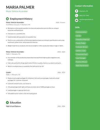 Motor Vehicle Assembler Resume