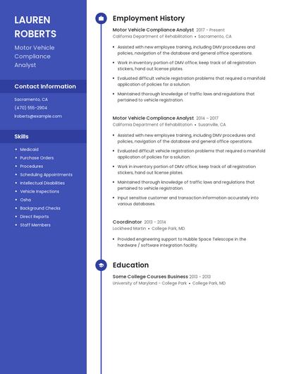 Motor Vehicle Compliance Analyst Resume