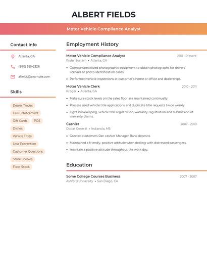 Motor Vehicle Compliance Analyst Resume