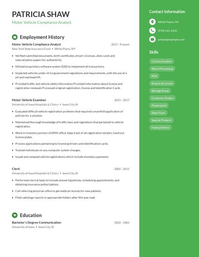 Motor Vehicle Compliance Analyst Resume