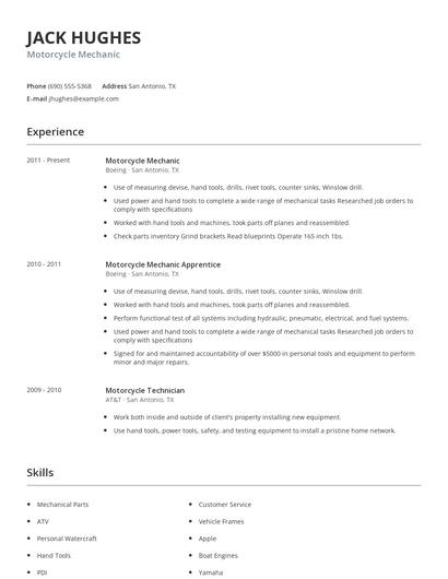 Motorcycle Mechanic Resume