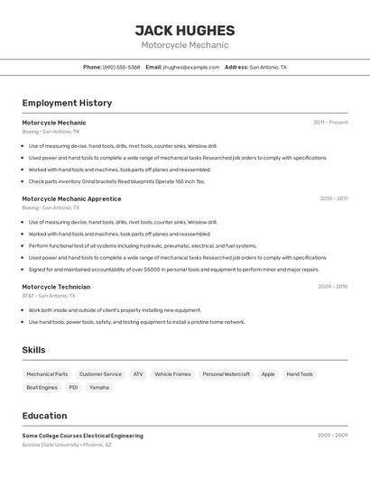 Motorcycle Mechanic Resume