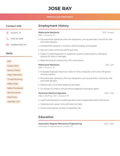 Motorcycle Mechanic Resume