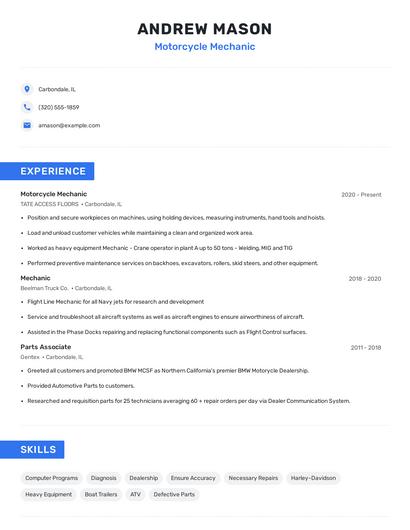 Motorcycle Mechanic Resume