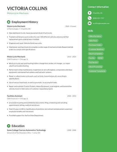 Motorcycle Mechanic Resume