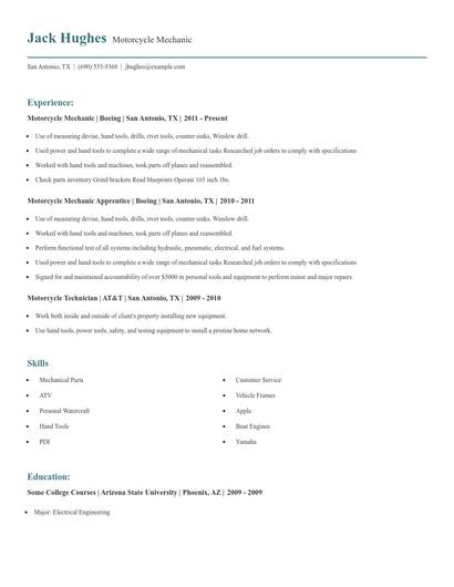 Motorcycle Mechanic Resume