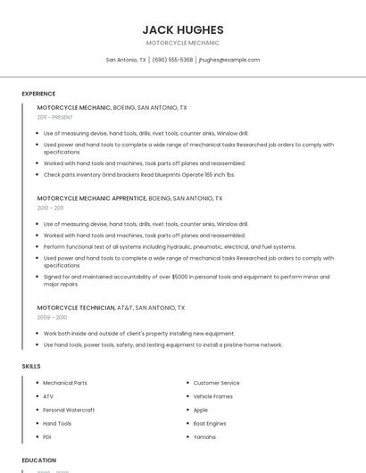 Motorcycle Mechanic Resume