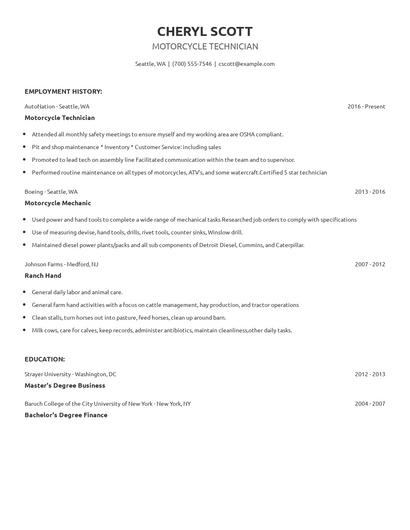 Motorcycle Technician Resume