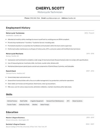 Motorcycle Technician Resume