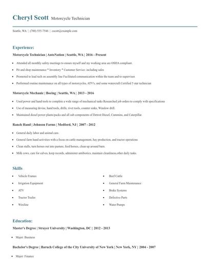 Motorcycle Technician Resume
