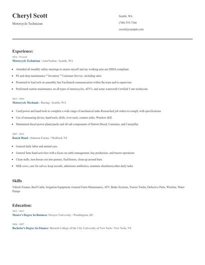 Motorcycle Technician Resume