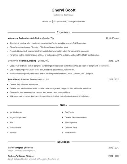 Motorcycle Technician Resume