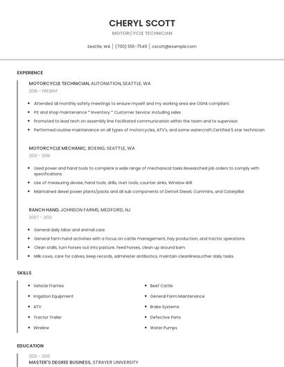 Motorcycle Technician Resume