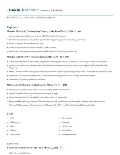 Mountain Bike Guide Resume