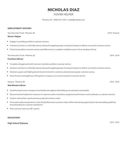 Mover Helper Resume