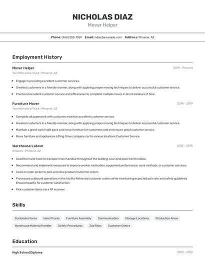 Mover Helper Resume
