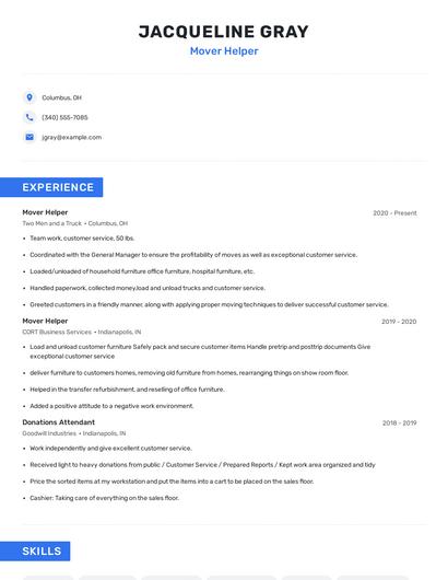 Mover Helper Resume