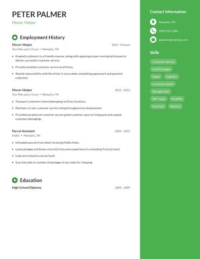 Mover Helper Resume
