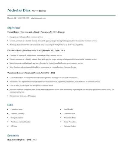Mover Helper Resume