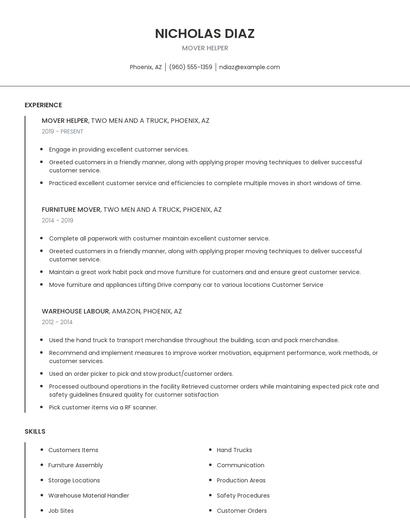 Mover Helper Resume
