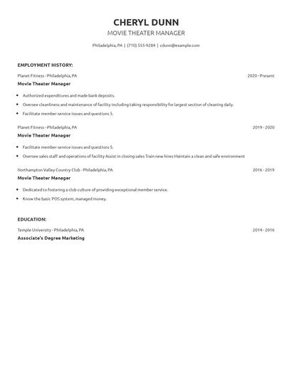 Movie Theater Manager Resume