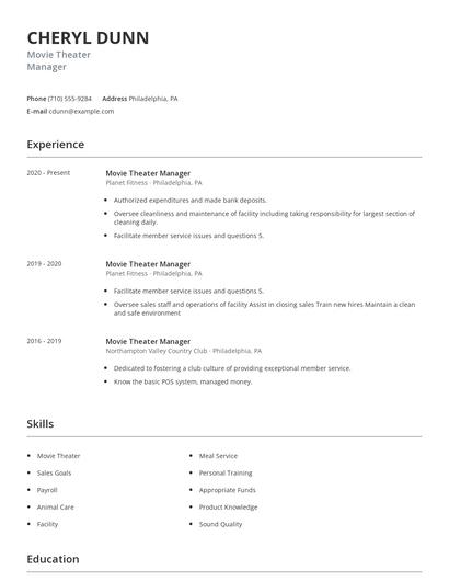 Movie Theater Manager Resume