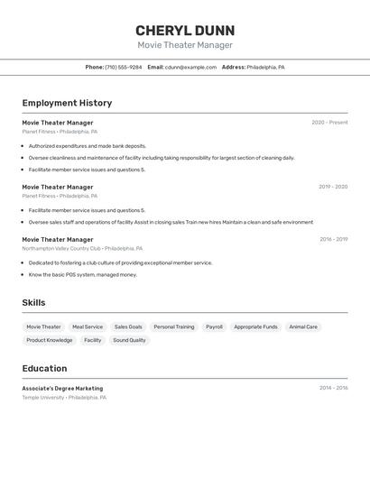 Movie Theater Manager Resume