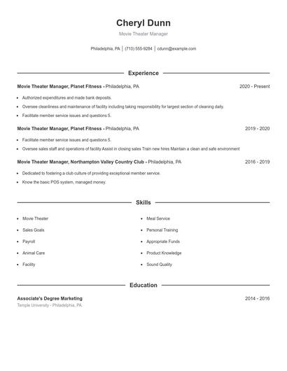 Movie Theater Manager Resume