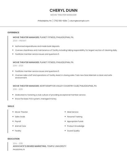 Movie Theater Manager Resume