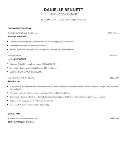 Moving Consultant Resume
