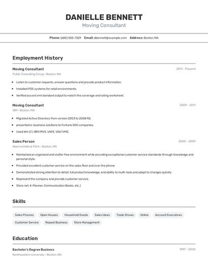 Moving Consultant Resume