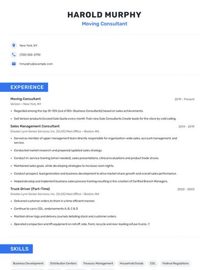 Moving Consultant Resume