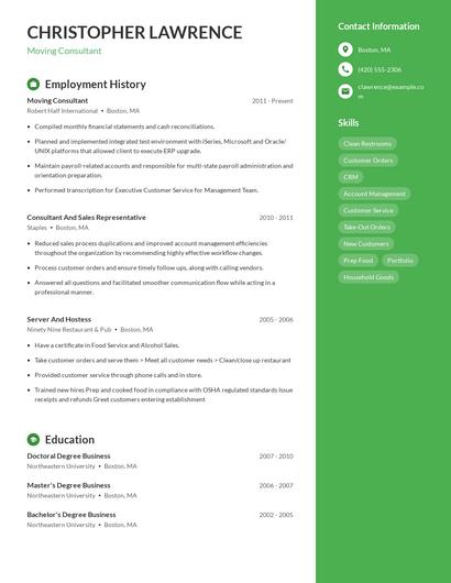 Moving Consultant Resume