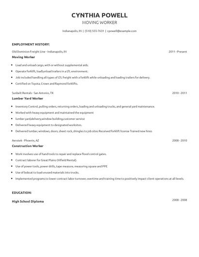Moving Worker Resume