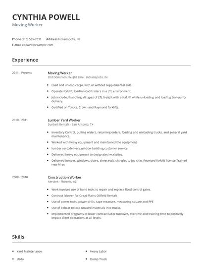 Moving Worker Resume