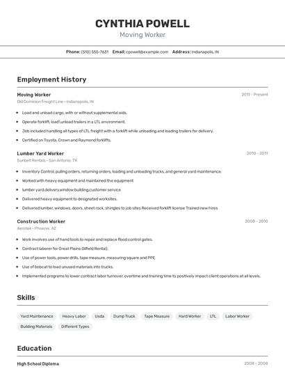Moving Worker Resume