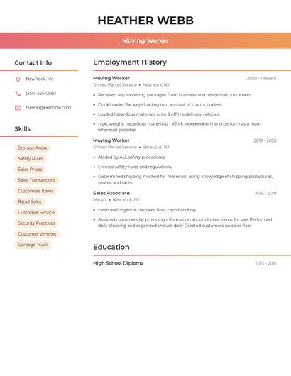 Moving Worker Resume