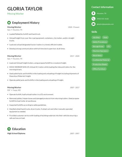 Moving Worker Resume