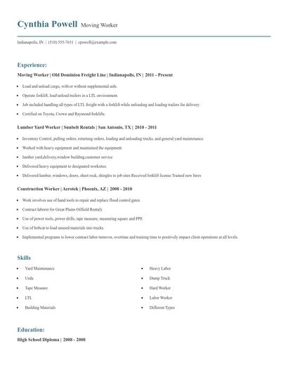 Moving Worker Resume