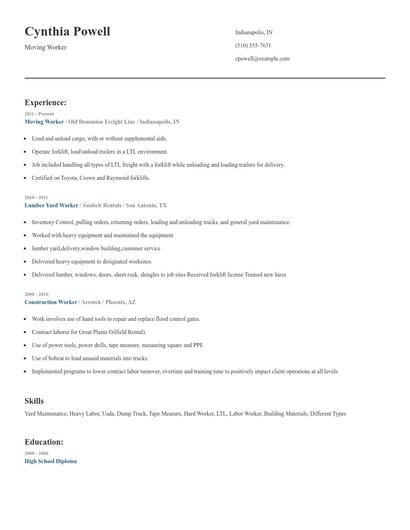 Moving Worker Resume