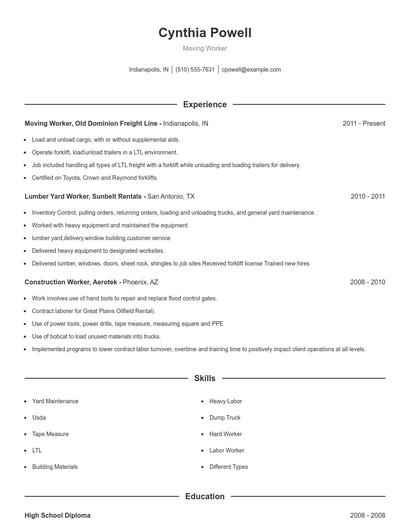 Moving Worker Resume